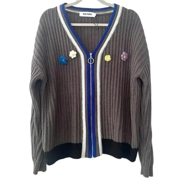 Realtakai Varsity Zip Up Oversized Knit Sweater Crotchet Flower Pins Size Large - Picture 1 of 7